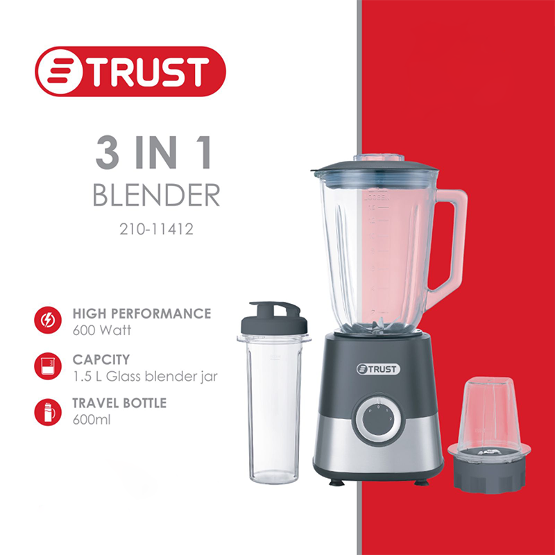 خلاط كهربائي ستانلس ابريق زجاج 1.5L + مطحنة بهار + كوب متنقل 600W