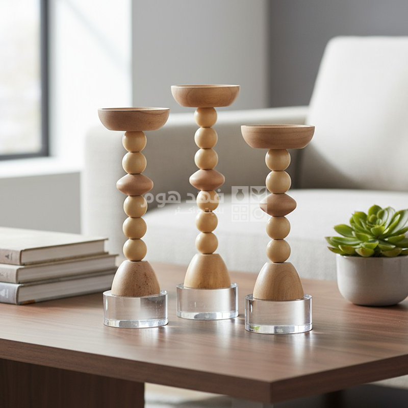 طقم/3 شمعدان خشب قاعدة زجاج شفاف AB 001