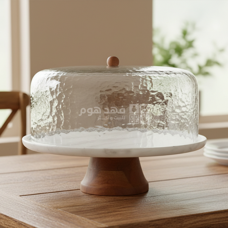 جاط كيك رخام مدور غطاء زجاج قاعدة خشب 33سم D178