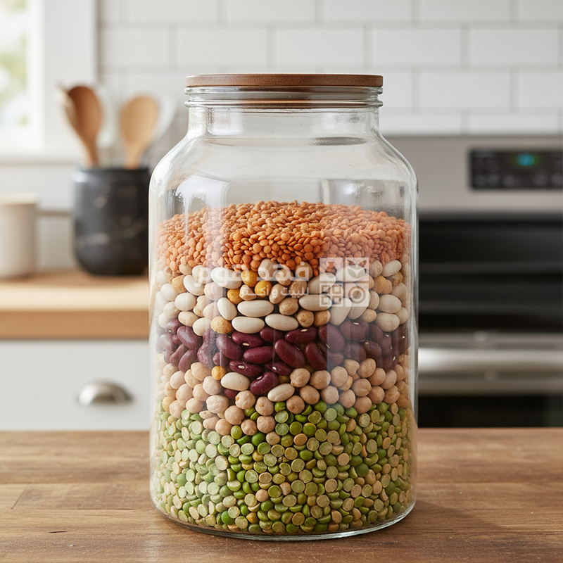 مرتبان زجاج غطاء ضغط خشب بامبو بني 3800 مل 27*12 سم 2301