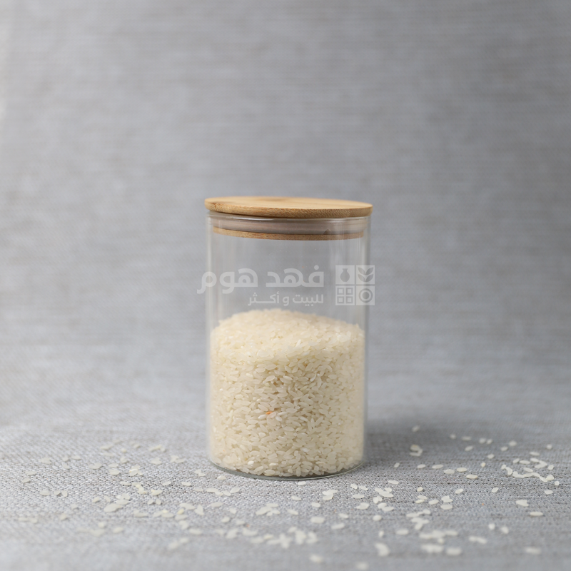 مرتبان زجاج مدورغطا بامبو 15.5سم * 10سم Q17/45 A25/25 x22/44