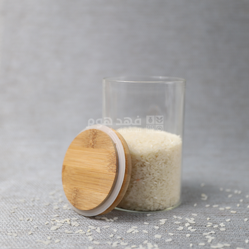 مرتبان زجاج مدورغطا بامبو 15.5سم * 10سم Q17/45 A25/25 x22/44