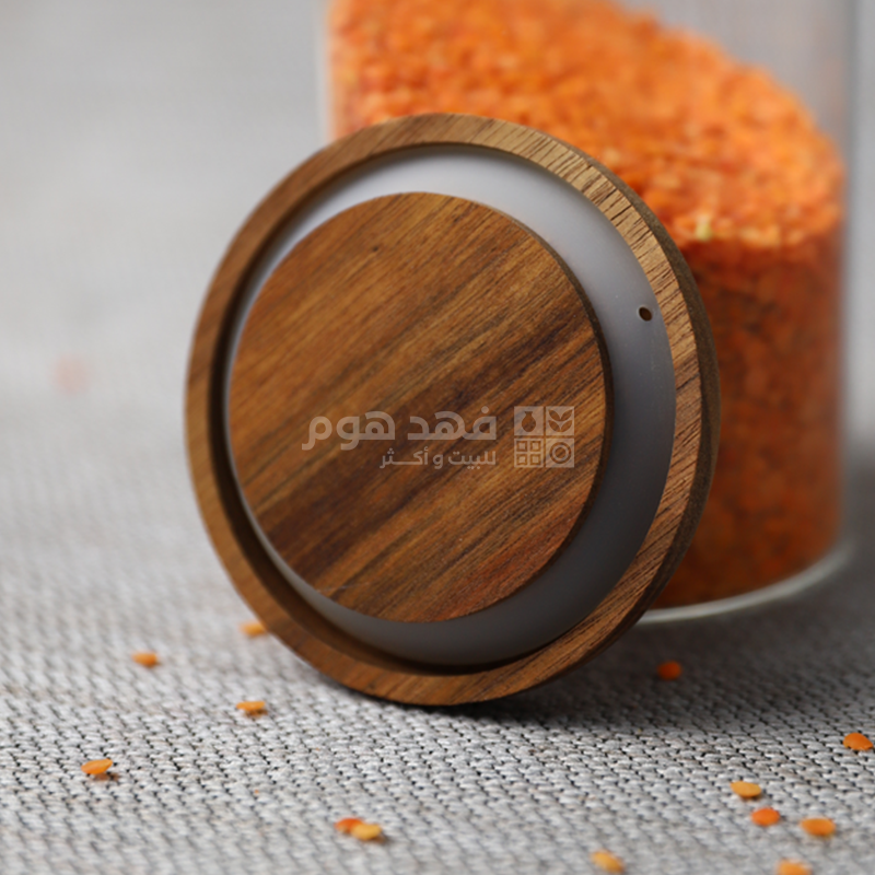 مرتبان زجاج دائري غطا بامبو بني 12سم * 9سم A25/16
