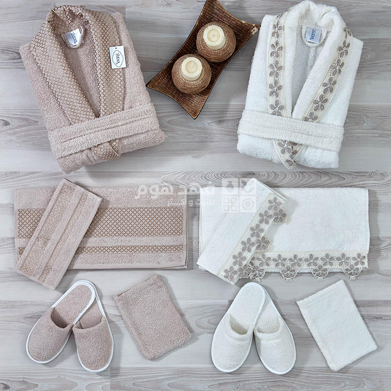 طقم روب حمام 12 قطعة LUX WEVA LIGHT BEIGE & CREAM