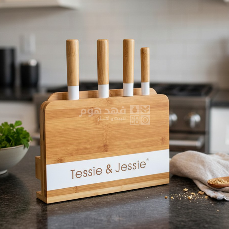 طقم 4 سكاكين + مفرمة مستطيل عرض+ ستاند خشب بامبو Tessie&Jessie