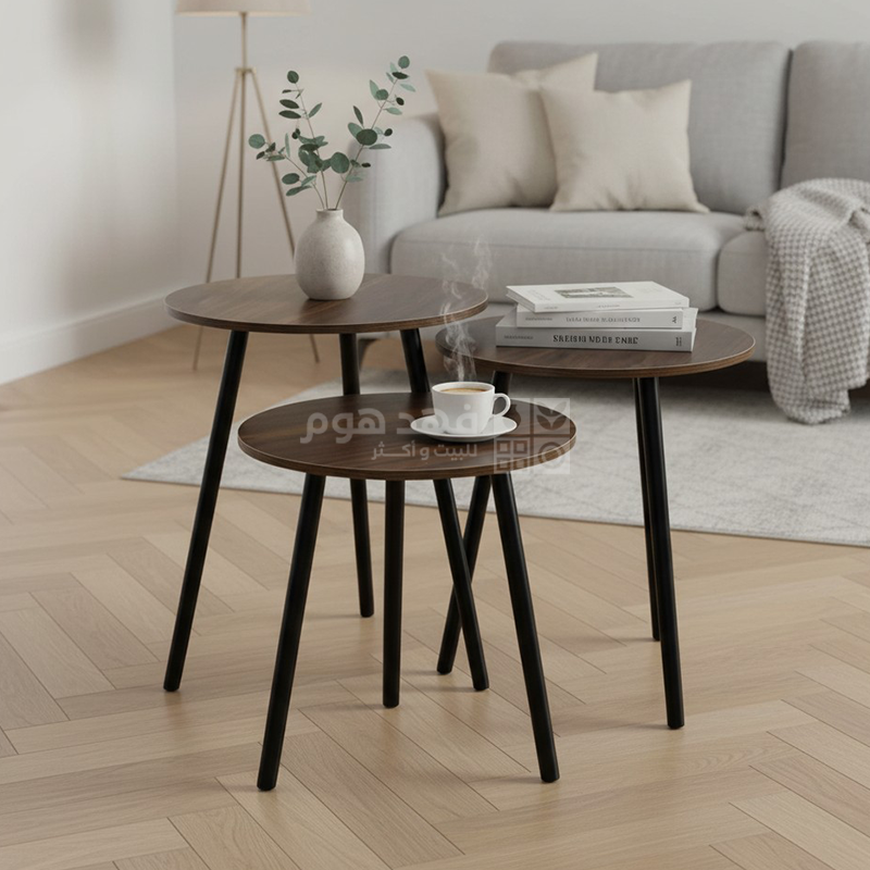 طقم سكملات /3 وجه خشب بني مدور ارجل اسود 130/1