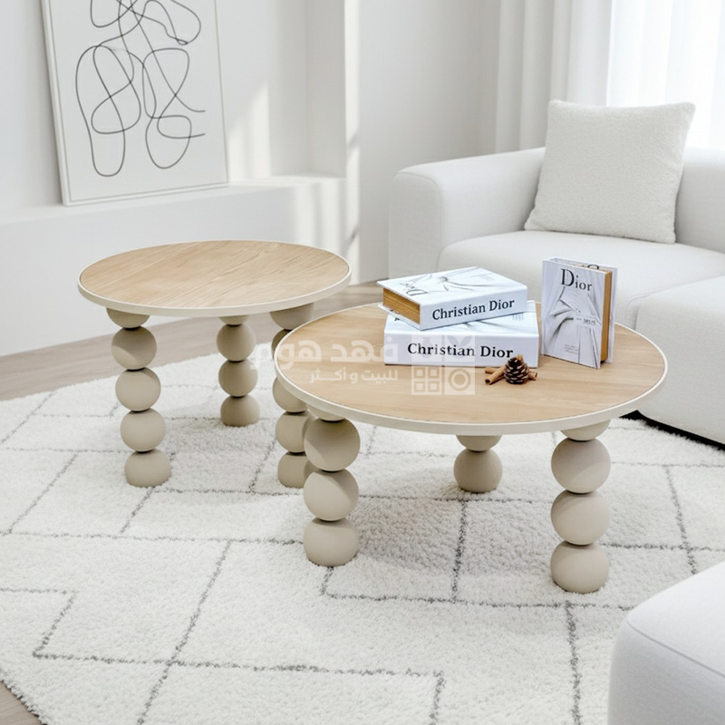 طقم/2 طاولة وسط ارجل طابات معدن بيج وجه خشب HM666