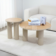 طقم/2 طاولة وسط معدن بيج ارجل محزز وجه خشب HM670