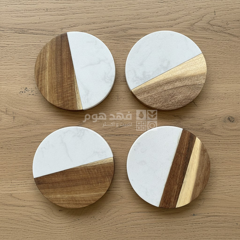 طقم/4 كوستر مدور نص خشب نص جرانيت ابيض 10سم D102-8