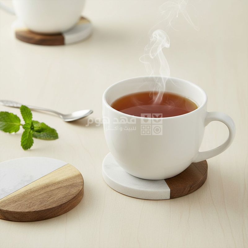 طقم/4 كوستر مدور نص خشب نص جرانيت ابيض 10سم D102-8