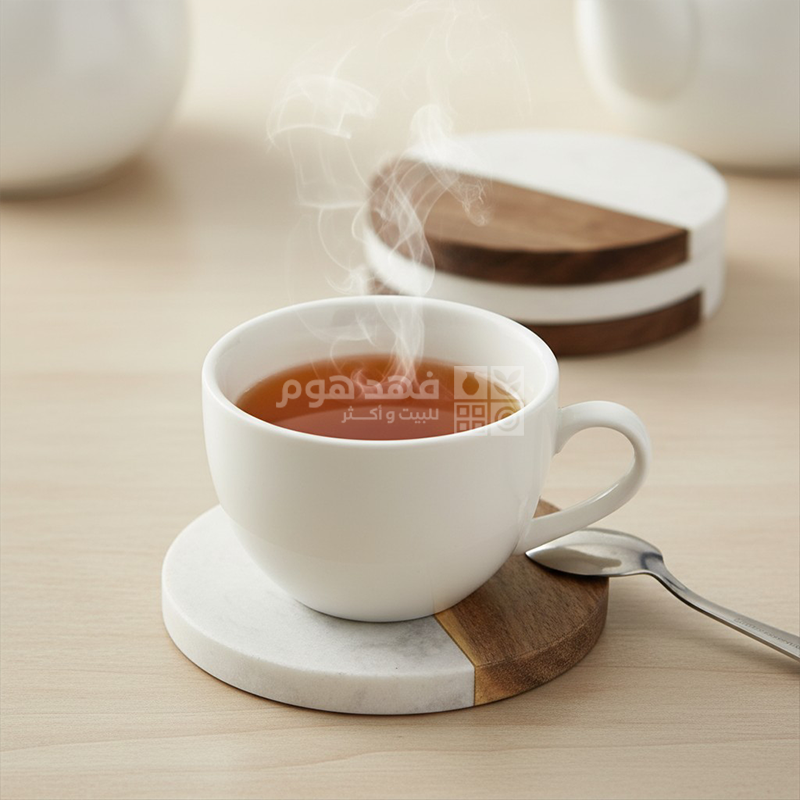 طقم/4 كوستر مدور نص خشب نص جرانيت ابيض 10سم D102-8