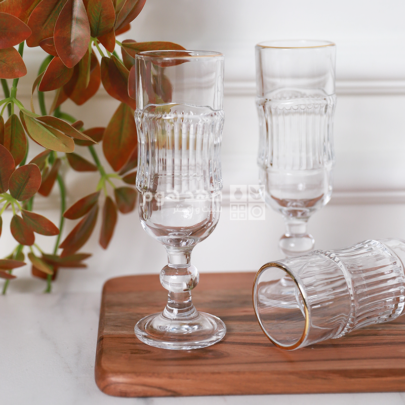 طقم 12 كاسة عصير محزز بكعب طويل حز ذهبي C2245