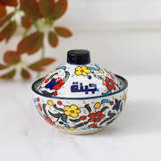 زبدية بغطاء 11.5سم جبنة خزف ازرق و احمر AZ009-3-B