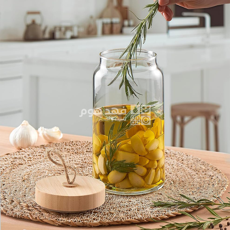 مرتبان زجاج غطا خشب مع حبل كبير 1130 مل 43593